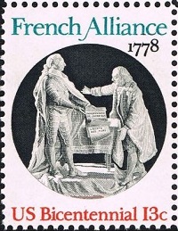 timbre louis xvi remettant à benjamin franklin les traités signés entre la france et les états-unis le 6 février 1778