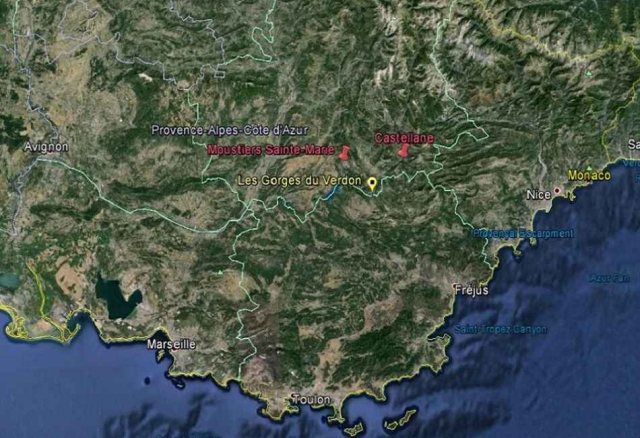 Carte de la région Provence-Alpes-Côte d'azur - les gorges du Verdon - Castellane - Moustiers-Ste-Marie