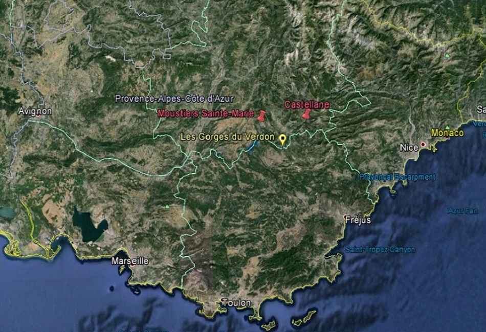 Carte de la région Provence-Alpes-Côte d'azur - les gorges du Verdon - Castellane - Moustiers-Ste-Marie